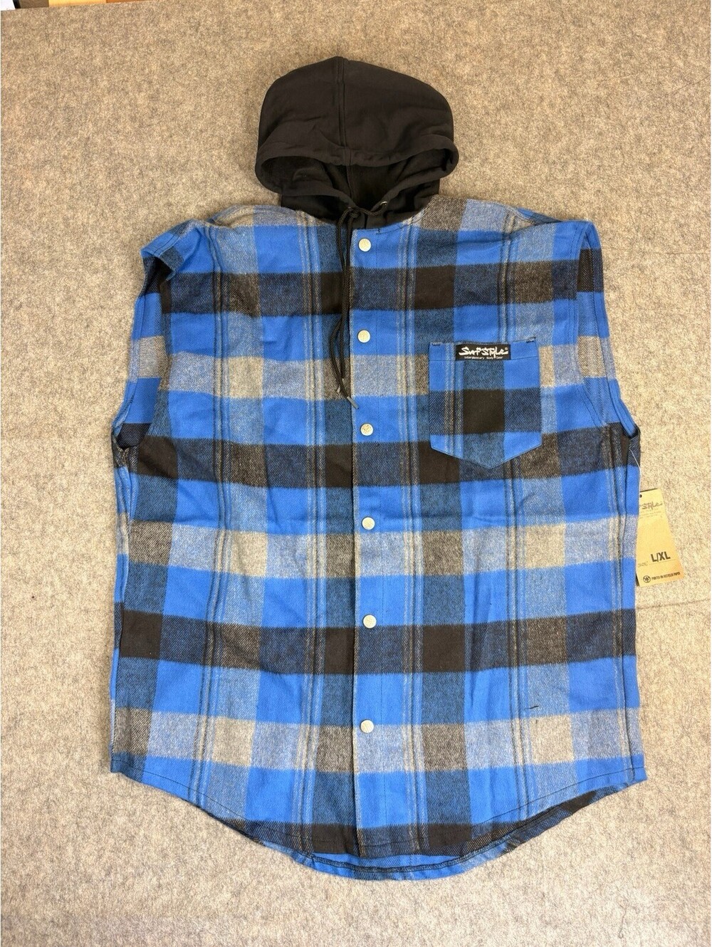 Vintage Surf Style 90s Plaid Flannel Snap Button Sleeveless Hoodie USA L-XL